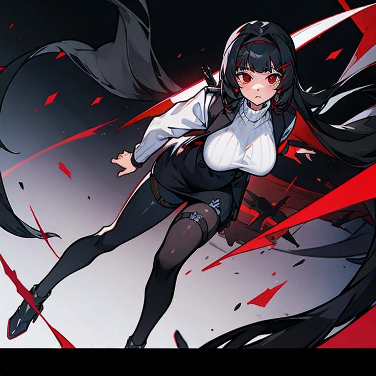 1girl, solo, black hair, very long hair, blunt bangs, hair clips, red eye, large breasts, turtleneck, white sweater, formal, black jacket, black suit, long sleeves, Id card, black skirt, black pantyhose, thigh strap, thigh holster, black footwear, high heels, plain black background