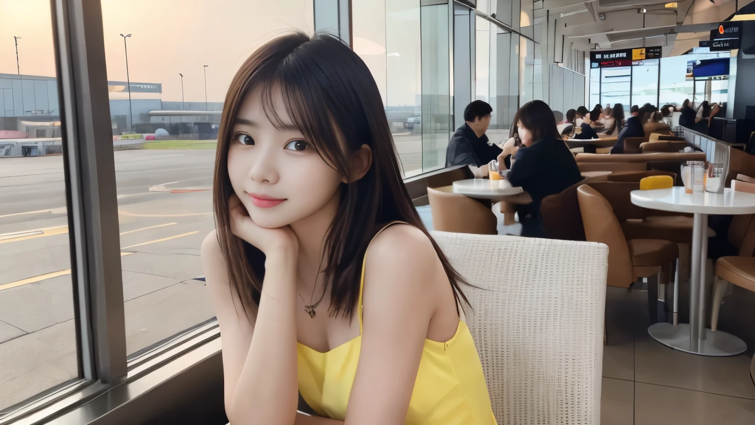 one girl, (beautiful girl, delicate girl:1.3), (23 years old:1.3),Waiting for the flight at the airport cafe terrace, Before leaving for overseas travel