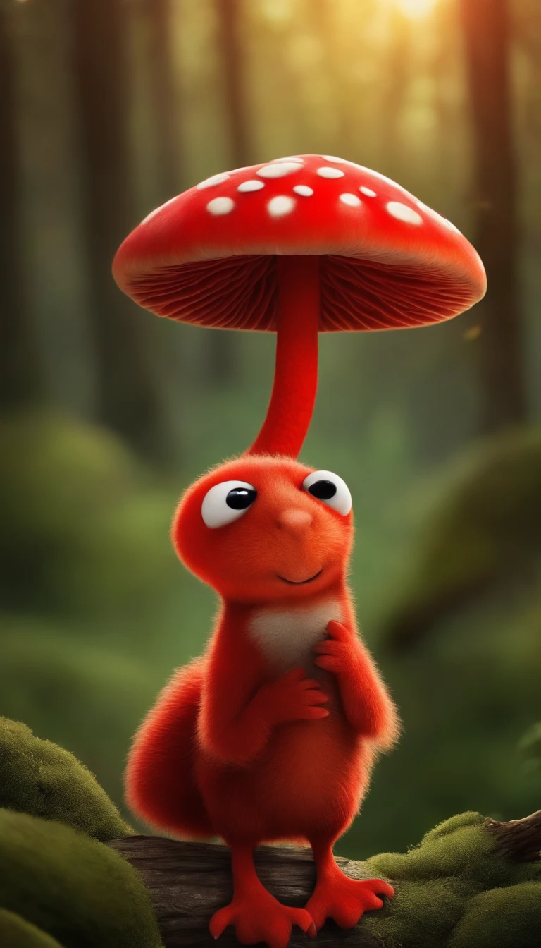 adorable red creature,Semelhante a uma mistura de coelho e cenoura, cute, fofo, peludo, Felpudo, Floresta, Cogumelos, Wear a mushroom hat
