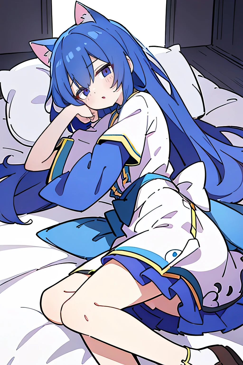 (Masterpiece), best quality, expressive eyes, perfect face, 1girl,
 Put one hand on the head, fair skin, gorgeous, Japanese comics, girl, Lola, young angel, blue hair, blue hair, flowing clothes,, lay down, lying on the ground, legs on the ground, flat chest, cat ears,tired face ,