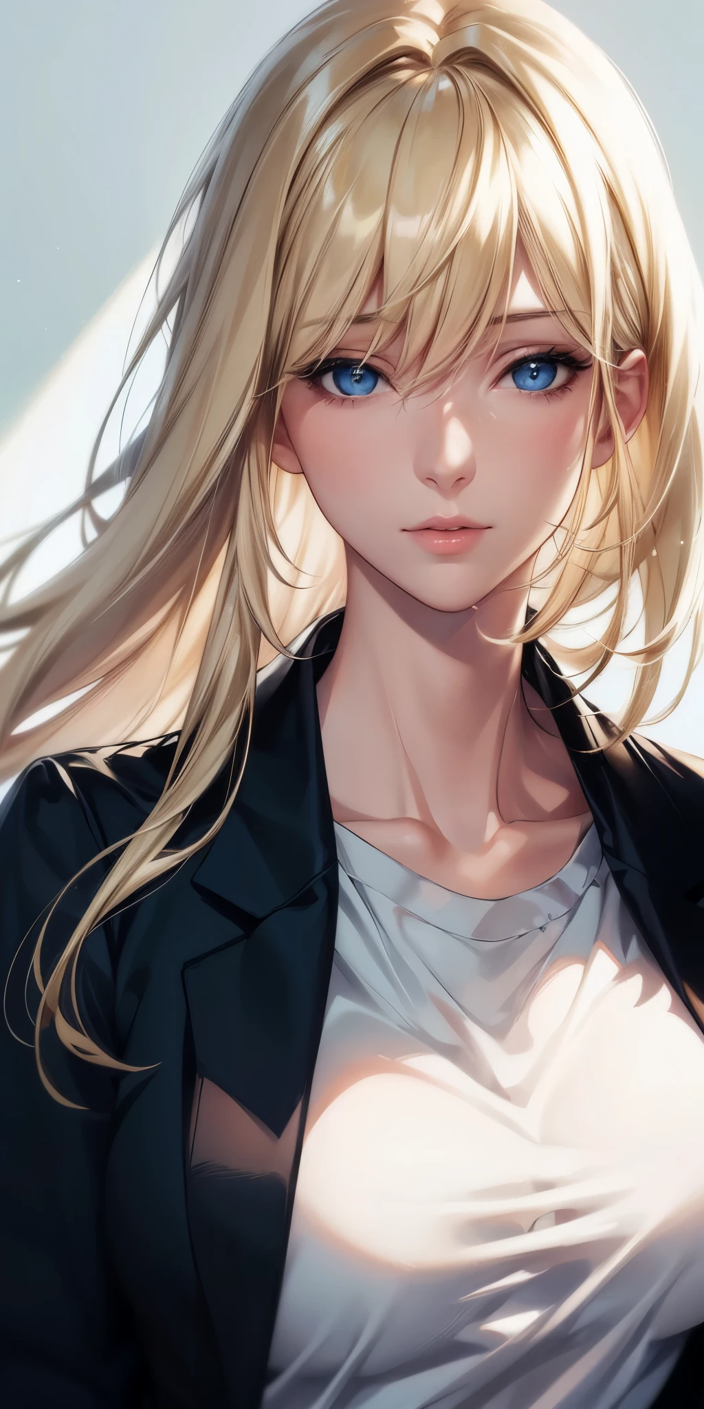 portrait, realistic, blue eyes, blonde hair, big breast, 4k resolution, high quality cg, beautiful cg, soft light,