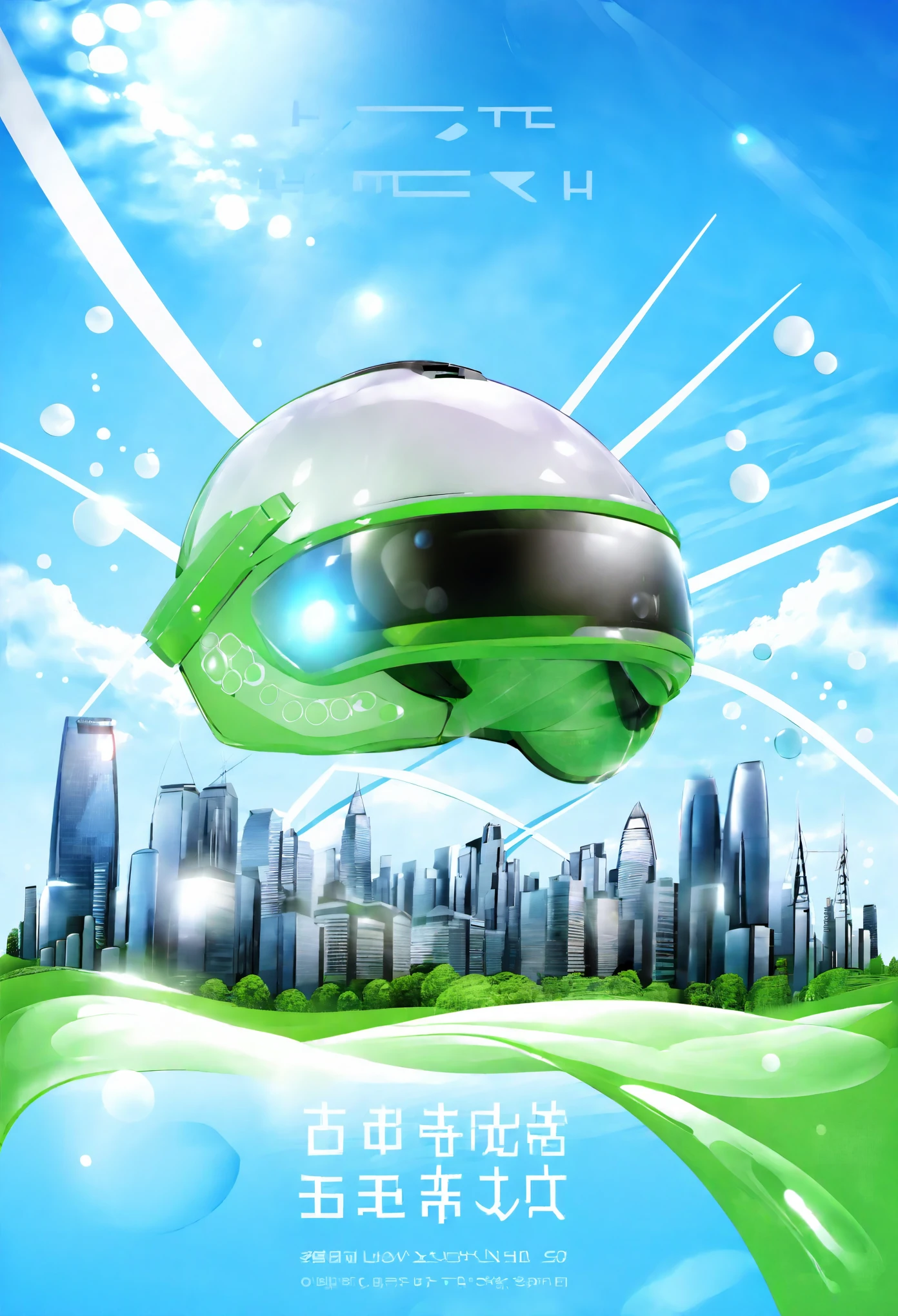 (best quality,4k,highres,masterpiece:1.2),ultra-detailed,(realistic,photorealistic,photo-realistic:1.37), Ad for virtual reality, Frutiger Aero aesthetic art with complex geometric 2D shapes, sunny blue sky, green field, futuristic background buildings, glossy material, virtual reality helmet, morphing water, Futuristic text font, English text, shades of white and blue, light background, highly detailed, 4K.