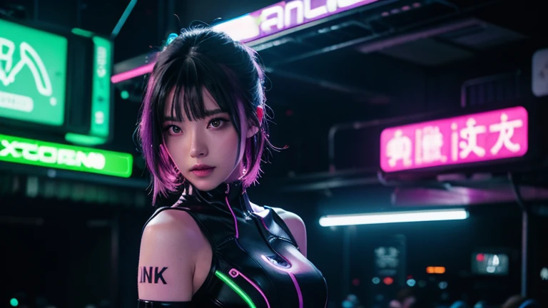 4K,1 girl,ライトブルー neon ,A female android is dancing, cyber punk, club music,dim lighting,neon signs,fc portrait, neon,cyber punk, futuristic ,blade runner,EDM,Club Music,