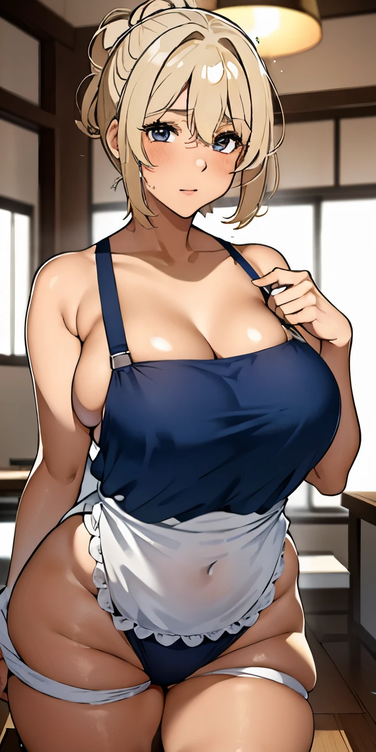 Mature Japanese Woman、short hair、ponytail、(((bright blonde:1.2)))、(((gal)))、金髪gal、tanned skin、(((big breasts:1.1)))、sexy、T-shirt appearance、Izakaya、drink alcohol、cheeks are red、nsfw、dimly lit room、shorts、big breastsが見える、shorts、Cleavage is separated、(((masturbation)))、sex、sweaty、sexyな下着、She also wears an apron