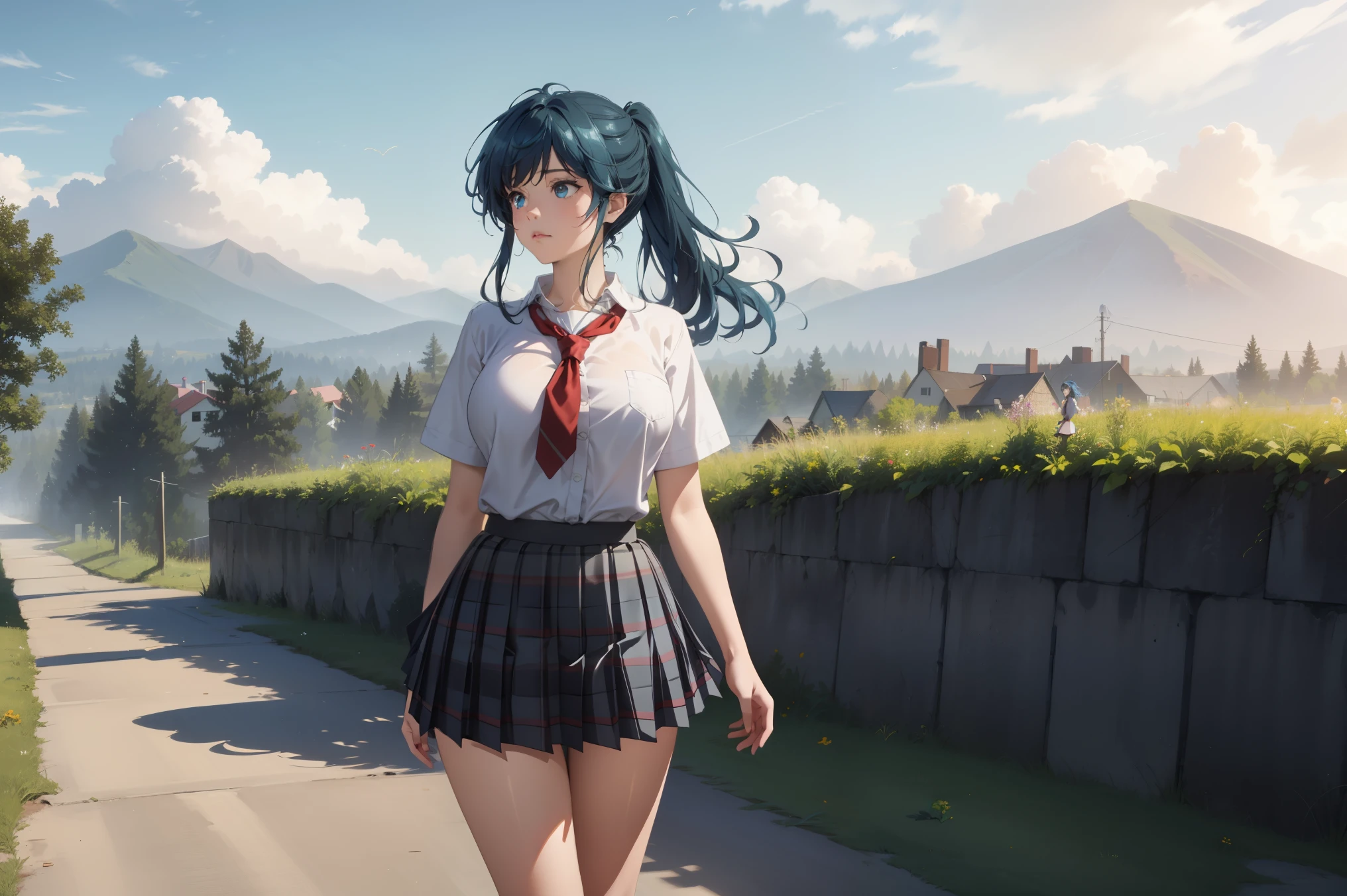 girl, solo, beautiful body, perfect body, nice body, (Huge_Breasts),

nanami minami, blue hair, blue eyes, long hair, ponytail (school uniform:1.5), (pleated skirt:1.5), (miniskirt:1.5), short sleeve, tight, necktie, student shoes, white sock,

Under the golden hues of the setting sun, a  stands atop a lush hillside, gazing out at a breathtaking vista. The rolling hills stretch as far as the eye can see, blanketed in a patchwork of vibrant greens and dotted with colorful wildflowers. In the distance, majestic mountains rise, their peaks kissed by wisps of clouds. The girl's  flutters gently in the breeze, her hair softly tousled by the wind. With a sense of wonder and curiosity in her eyes, she takes in the beauty of the world before her, feeling a profound connection to the natural splendor surrounding her. This moment encapsulates the serenity and awe-inspiring majesty of youth, nature, and the boundless possibilities that lie ahead,

official art, extremely detailed CG unity 8k wallpaper, perfect lighting, Colorful, (best_quality:1.0), ultra high res,4K, ultra-detailed, 8K, HDR, high resolution,  absurdres:1.2, film grain, (vibrant_color:1.2), (narrow waist),