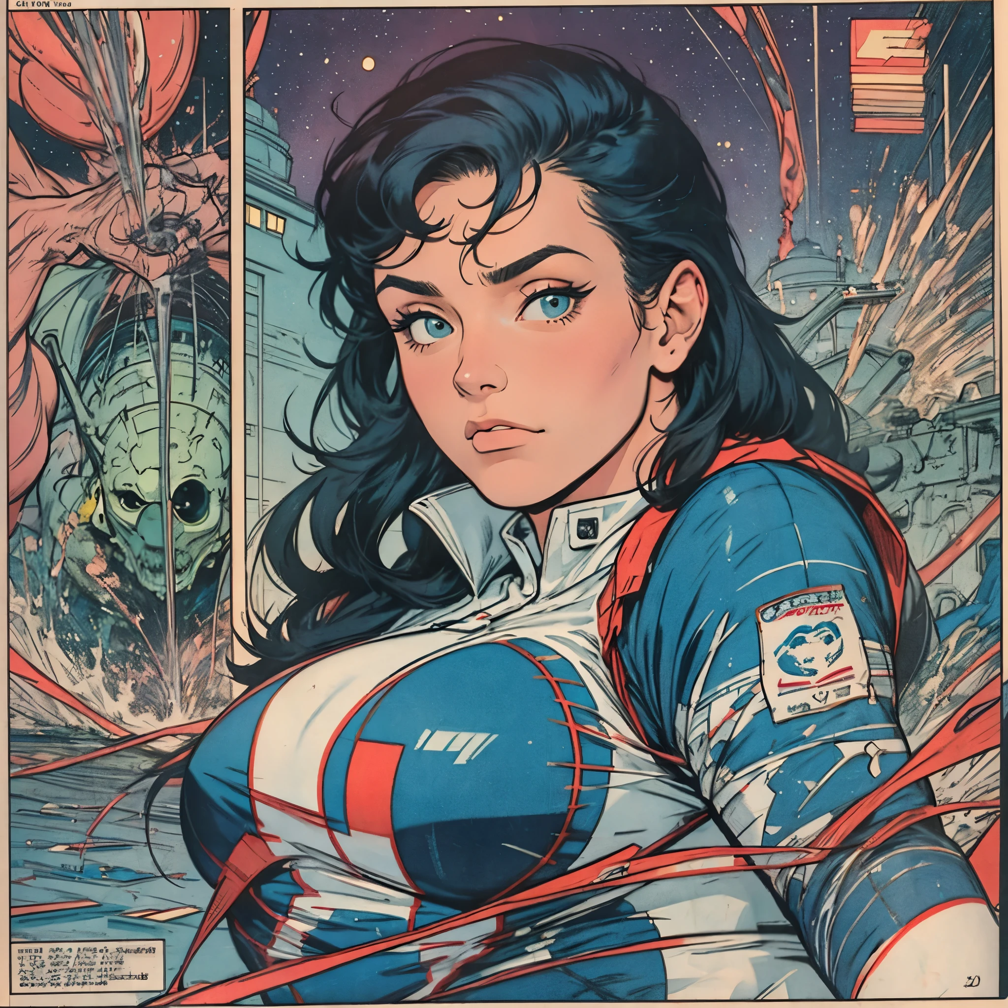 comic <lora:EmoFaceHentai:0.7>, 1girl, solo, cute, posing, tattoos, piercings:1.5, space pirate, hooded sweat, bikini top, flying a spaceship, comic <lora:OldSchoolDnD:1>, graphic illustration, comic art, graphic novel art, vibrant, highly detailed