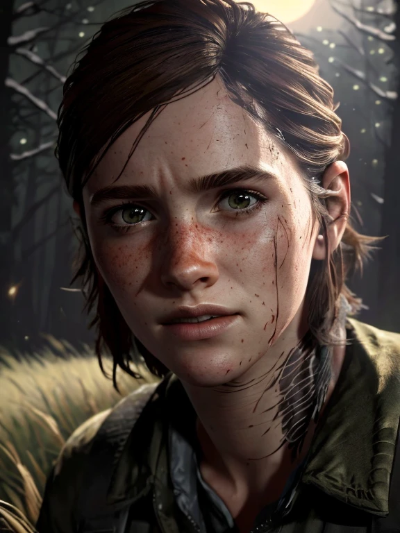 Ellie, tlou2, sneaking through high grass, forest, ((at night, moonlight)), (8k, RAW photo, best quality, masterpiece:1.2),ultra-detailed, (high detailed skin:1.2), 8k uhd, dslr, soft lighting, high quality, 