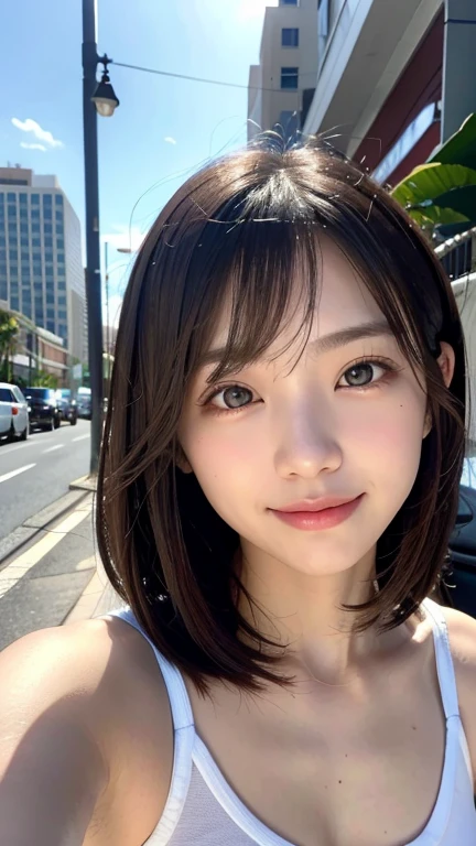 With the alleys of Kyoto in the background、18 year old girl、independent、facing forward、Light eye makeup、brown hair color、Flat 、hair blowing in the wind、quality of actress、shiny, super realistic face、smileの表情、Moist eyes、look up、calming lighting effect、 ultra-realistic capture、very detailed、High resolution 16K close-up of human skin。Skin texture must be natural、Must be detailed enough to see pores、skin is healthy、Must be even tone、Use natural light and color、High quality photos taken by a modeling agency'Exclusive photographer、smile