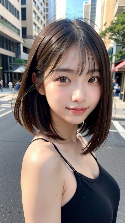 With the alleys of Kyoto in the background、18 year old girl、independent、facing forward、Light eye makeup、brown hair color、Flat 、hair blowing in the wind、quality of actress、shiny, super realistic face、smileの表情、Moist eyes、look up、calming lighting effect、 ultra-realistic capture、very detailed、High resolution 16K close-up of human skin。Skin texture must be natural、Must be detailed enough to see pores、skin is healthy、Must be even tone、Use natural light and color、High quality photos taken by a modeling agency'Exclusive photographer、smile