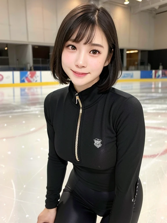 (kawaii 24 year-old Japanese girl, Nogizaka idol, Korean idol), healthy female figure skater, athletic body, (glossy black hair, messy very short hair, messy pixie cut, symmetric hair length, even length hair edges:1.3), (bangs), (extra rounded face, black eyes, single eyelid, no makeup, soft smiling:1.2), (wearing long sleeved black training half zip tops:1.3), (flat chest, extra small breasts:0.8), (black sports leggings, thigh gap:1.2), (looking at viewer:1.2), BREAK, (skating at ice skate rink, ice arena:1.3), (dynamic angle:1.3), thigh focus, BREAK, (masterpiece, best quality, photo realistic, official art:1.4), (UHD, 8K quality wallpaper, high resolution, raw photo, golden ratio:1.2), (shiny skin), professional lighting, physically based rendering, award winning, (perfect anatomy, highly detailed skin, extremely detailed face and eyes), Carl Zeiss 300 mm F/2.8, depth of field, 1girl, solo,
