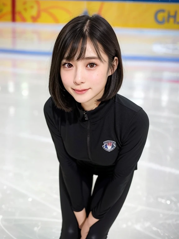 (kawaii 24 year-old Japanese girl, Nogizaka idol, Korean idol), healthy female figure skater, athletic body, (glossy black hair, messy very short hair, messy pixie cut, symmetric hair length, even length hair edges:1.3), (bangs), (extra rounded face, black eyes, single eyelid, no makeup, soft smiling:1.2), (wearing long sleeved black training half zip tops:1.3), (flat chest, extra small breasts:0.8), (black sports leggings, thigh gap:1.2), (looking at viewer:1.2), BREAK, (skating at ice skate rink, ice arena:1.3), (dynamic angle:1.3), thigh focus, BREAK, (masterpiece, best quality, photo realistic, official art:1.4), (UHD, 8K quality wallpaper, high resolution, raw photo, golden ratio:1.2), (shiny skin), professional lighting, physically based rendering, award winning, (perfect anatomy, highly detailed skin, extremely detailed face and eyes), Carl Zeiss 300 mm F/2.8, depth of field, 1girl, solo,