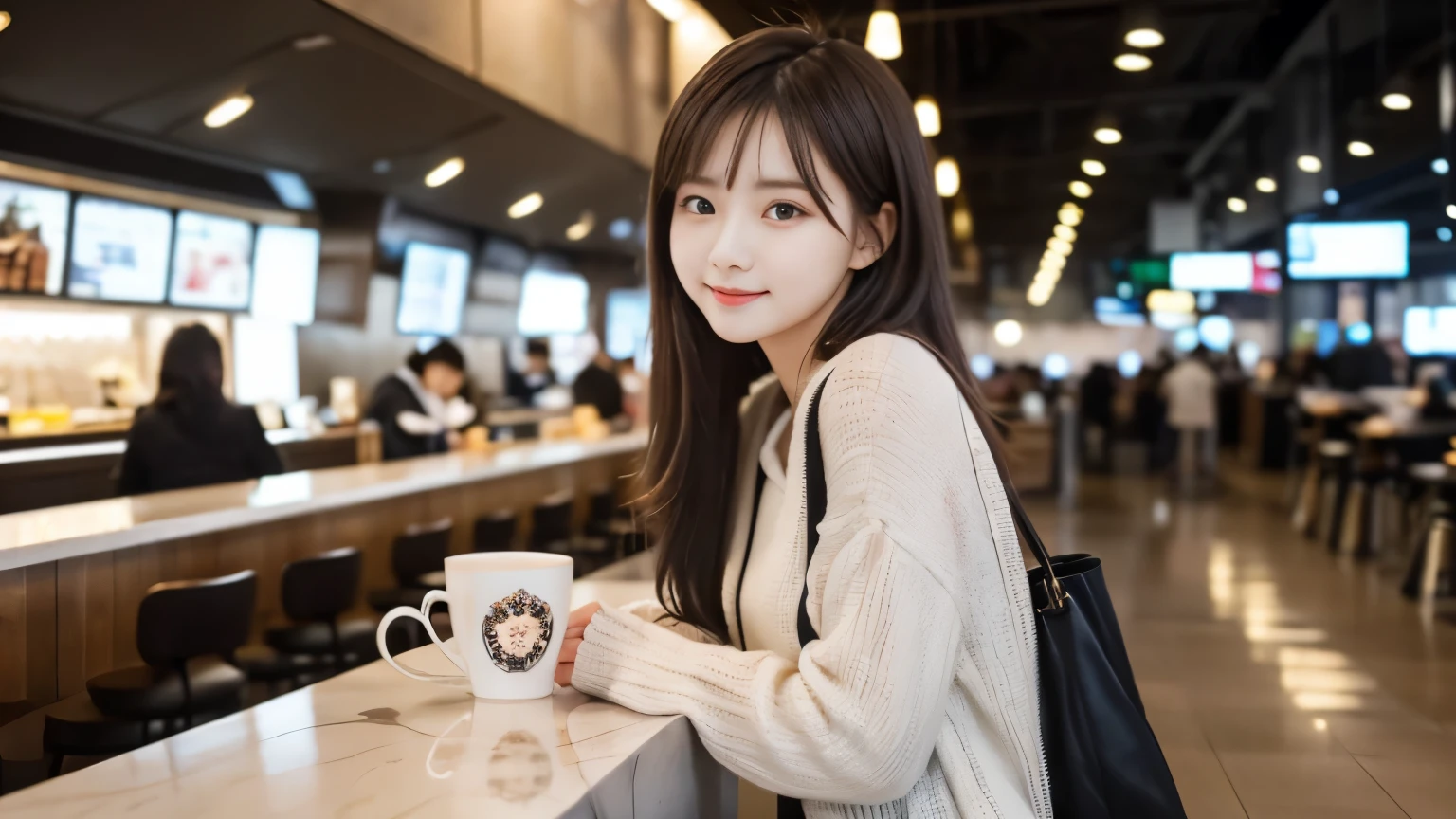 one girl, (beautiful girl, delicate girl:1.3), (23 years old:1.3),Waiting for the flight at the airport cafe terrace, Before leaving for overseas travel
