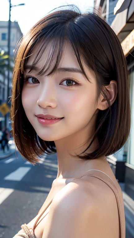 (((Shoulder length brown straight short bob)))、(((She has downtown Hawaii as her backdrop.、Posing like a model at a hair salon.)))、(((Casual black winter street fashion)))、close up of face、Half Japanese and Korean、18 year old girl、independent、facing forward、Light eye makeup、brown hair color、Flat 、hair blowing in the wind、quality of actress、shiny, super realistic face、smileの表情、Moist eyes、look up、calming lighting effect、 ultra-realistic capture、very detailed、High resolution 16K close-up of human skin。Skin texture must be natural、Must be detailed enough to see pores、skin is healthy、Must be even tone、Use natural light and color、High quality photos taken by a modeling agency'Exclusive photographer、smile
