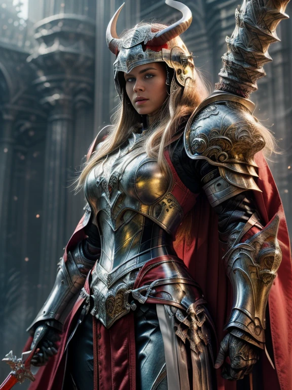 Photorealistic image ((Masterpiece)), ((high quality)) UHD 8K, of a real Viking goddess, Gnna, strong, slim body, skinny waist, model tall, full body, (long blonde hair), (blue eyes), (((Hyper-realistic fantasy full armor, with ivory red metal and intricate details))), (((helmet with large horns))), ((long fur cape)), ((two-pronged fantasy spear)), (in guardian position, fantastic palace of gold ), Photo realistic, Natural lighting, professional DSLR camera., mecha, robot,