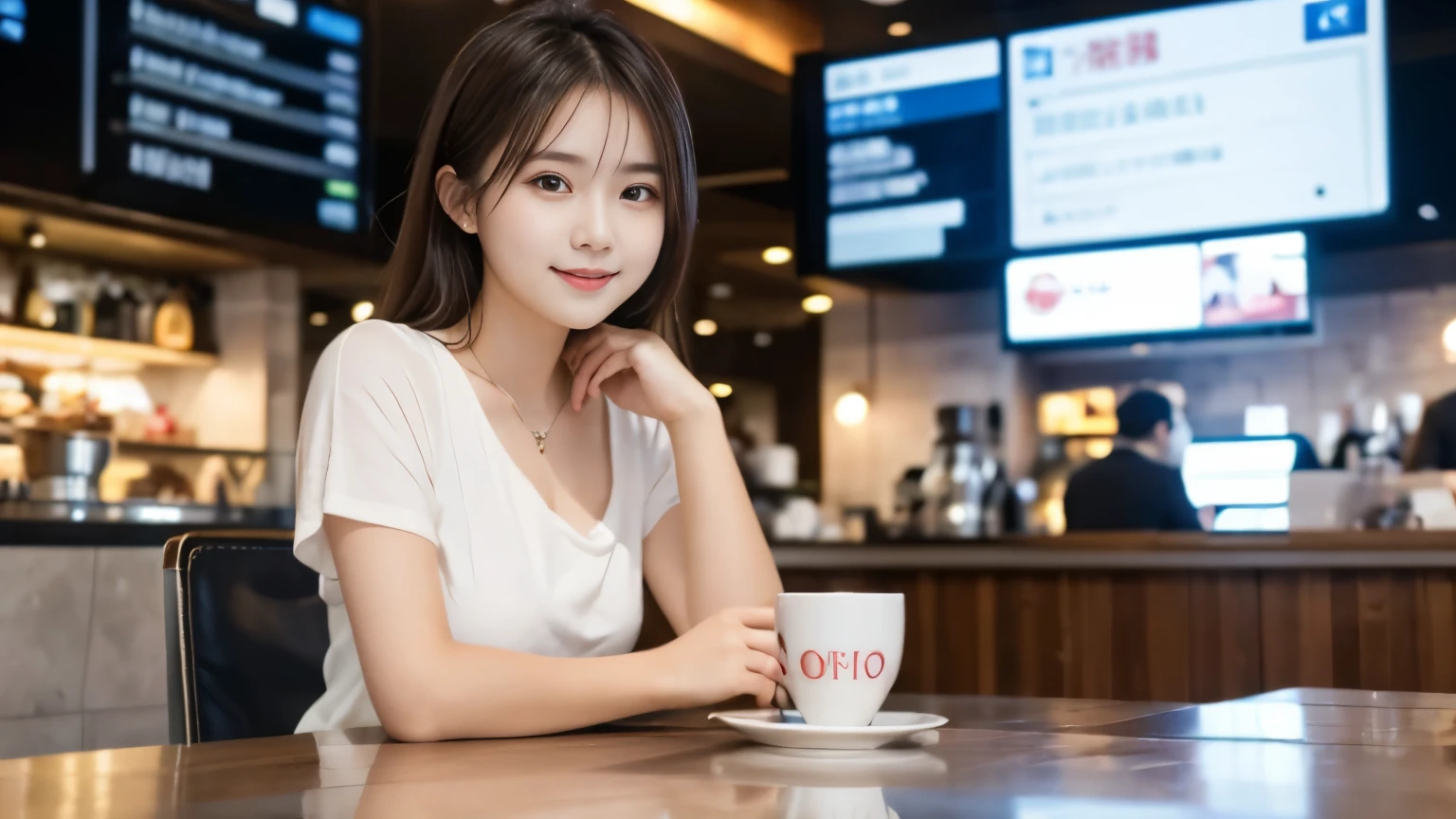 one girl, (beautiful girl, delicate girl:1.3), (23 years old:1.3),Waiting for the flight at the airport cafe terrace, Before leaving for overseas travel