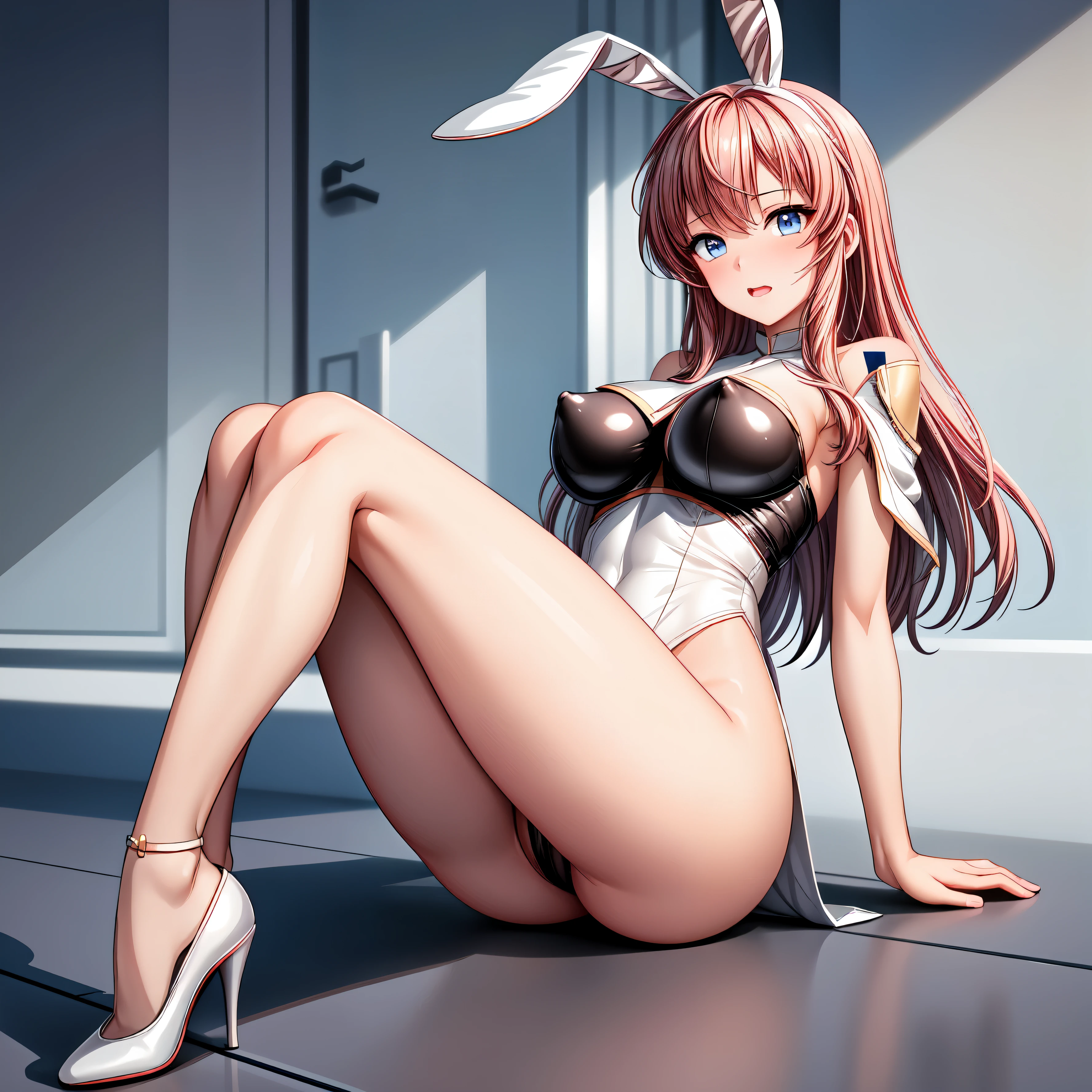 masterpiece, highest quality,beautiful eyes, beautiful hair, beautiful face, beautiful skin, solo, 1 girl, anime girl, curvy, beautiful breasts,shiny skin,shining eyes, smooth skin, soft skin, bare legs, high heels, embarrassed, (Bunny girl), (bare shoulder:1.3), erect nipples, High leg, full body