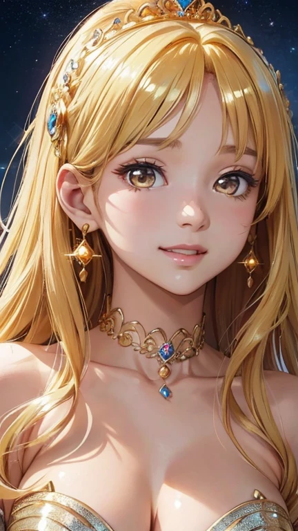nsfw,masterpiece、highest quality、High resolution、high quality images、8K, 1 female、skin luster、skin texture、Expression of fine eyes、(Shiny bright golden hair:1.8),Girl with long braided hair, realism, Detailed manga style, manga art style, perfect line drawing, beautiful line drawing, digital manga art girl, (beautiful golden eyes:1.5), Clear, beautiful eyes、plump lips, Detailed gorgeous face, (cute smile), charm, Front view, (perfectly detailed face), (fine hands) 、photorealistic images, Depth of written boundary, Princess hairstyle, Princess、Corolla on the head , face forward , night sky , night view ,beautiful starry sky , romanticism、(Princess' gorgeous golden dress:1.5)、(medium breasts:1.5)、smile、blush、princess tiara、Fluffy blonde、Gorgeous blue sparkling earrings、Gorgeous gold bracelet、Gorgeous gold anklets、(Gorgeous gold thin nipple rings:1.3)、Palace balcony、Nadia: The Secret of Blue Water Necklace、(oblong face:1.5)、(Sparkling Glitter:1.2)、Cover your forehead with bangs、Bangs between the eyes、(full body:1.0)、(standing:1.3)、(portrait:1.6)、The chest is also visible