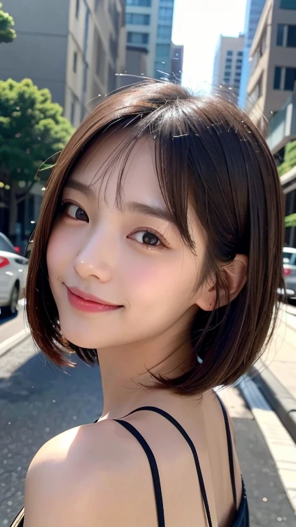 With the alleys of Kyoto in the background、18 year old girl、independent、facing forward、Light eye makeup、brown hair color、Flat 、hair blowing in the wind、quality of actress、shiny, super realistic face、smileの表情、Moist eyes、look up、calming lighting effect、 ultra-realistic capture、very detailed、High resolution 16K close-up of human skin。Skin texture must be natural、Must be detailed enough to see pores、skin is healthy、Must be even tone、Use natural light and color、High quality photos taken by a modeling agency'Exclusive photographer、smile