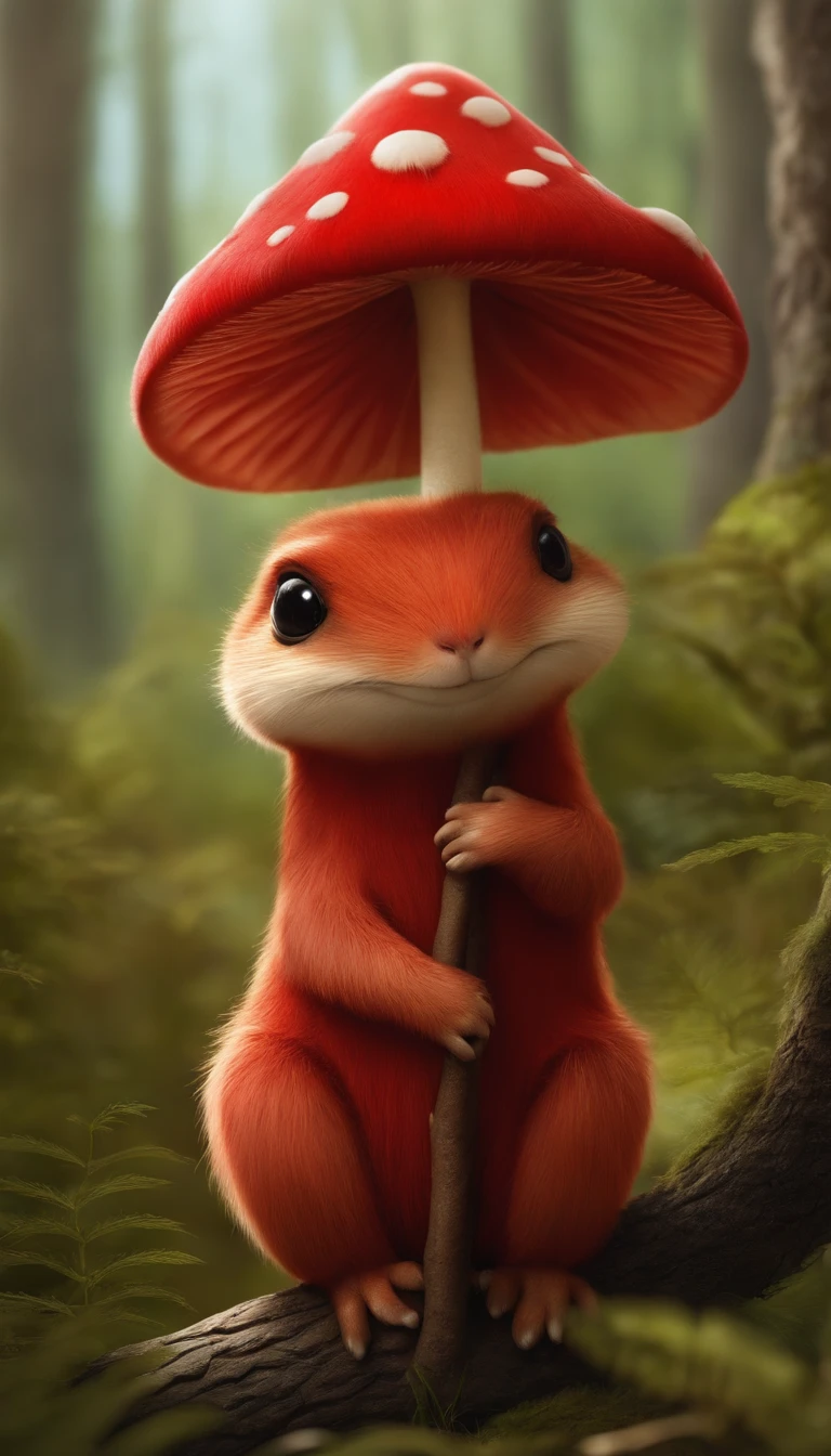 adorable red creature,Semelhante a uma mistura de coelho e cenoura, cute, fofo, peludo, Felpudo, Floresta, Cogumelos, Wear a mushroom hat
