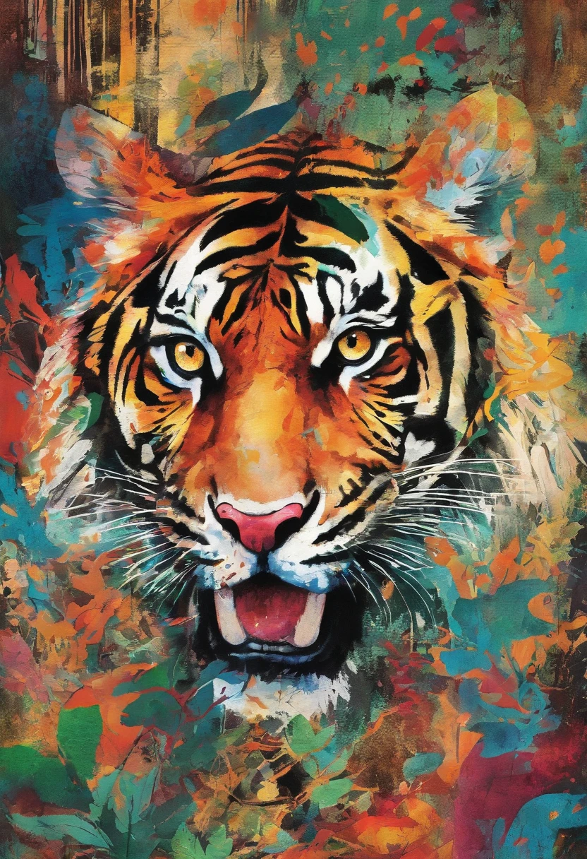 tigre feule, mouvement, jungle ::2 colorful ink painting ::2 art fantasy