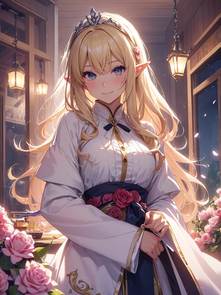 最high quality、best image quality、masterpiece、beautiful face、、titania、Super beautiful elf beauty((22 year old office lady big bust、bust 90,beautiful long ironed hair、blonde、height: 165cm。thin、sexy、cowboy shot,、Esbian、beautiful tiara、starrynight,high quality、美しいart、、、pieces fly、ビジュアルart、written boundary depth、、elf ears、、lightのmagic、universe、happy smile、穏やかなlight、beautiful forest、cherry blossoms、、elegant、ticker beautiful decorative、、、mystery的な rosa、Rose、、magicのflower、flowerを作るmagic、light、 null、beautiful dressy、beautiful dress、art、Lord of the Ring、spectacular scenery、sexy、friendly smile、wonderful、cherry blossoms、舞い散るflowerびら、cherry blossomsのflower、flower畑、nature、universeのmagic、magicのlight、fantasy、flower、super REALITYa lotのRose、magic、Grow fantasy、、mysteryのlight、art nouveau、Alphonse a lot、、art、art,mystery,UHD,magicalgentle light,sexy、