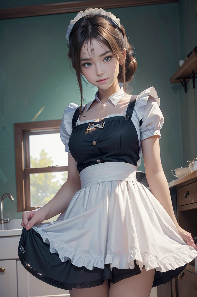 (RAW Photos, Highest quality), (Realistic, photo-Realistic:1.3), masterpiece, Very delicate and beautiful, Very detailed, CG, Unity , 2k wallpaper, wonderful, In detail, A light smile, Very detailed CG Unity 8k wallpaper, Large file size, Very detailedな, High resolution, Absurd, Soft Light, (((Medium Hair:1.3), Short bangs, Floating Hair NovaFrogStyle)), Beautiful detailed girl, Detailed fingers, Very detailed eyes and face, Beautiful and detailed nose, Beautiful details, Long eyelashes, Light on the face, Show Viewer,((Maid clothes:1.5)), (((Roll up the skirt yourself))), (I lifted it myself), ((Showing panties:1.5)) , Panty Focus, One Girl, cute, young, Mature Face, (whole body:1.3), Realistic face, Realistic body, Beautiful thigh detail,