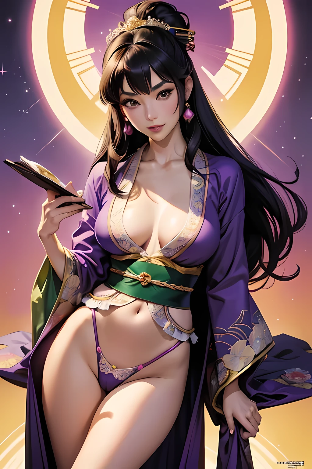 Princess milf yume in the purple kimono, 8k resolution, cameltoe, noriyoshi ohrai, official art, rococo portraitures, light yellow and dark emerald, blink - and - you - miss - it detail