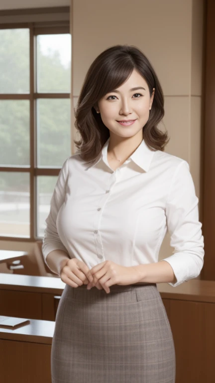 ((highest quality, 8K, masterpiece, portrait: 1.3)), (looking at the viewer), (full shot:0.85), attractive business mature woman, 1 person, a little chubby:0.４,brown medium hair、 white collared shirt, gray tight skirt,((big breasts 1.8)) (big pelvis:0.9), ((Are standing)), smile:0.2, conference room、,good posture、office、bright interior、The sun is shining、


