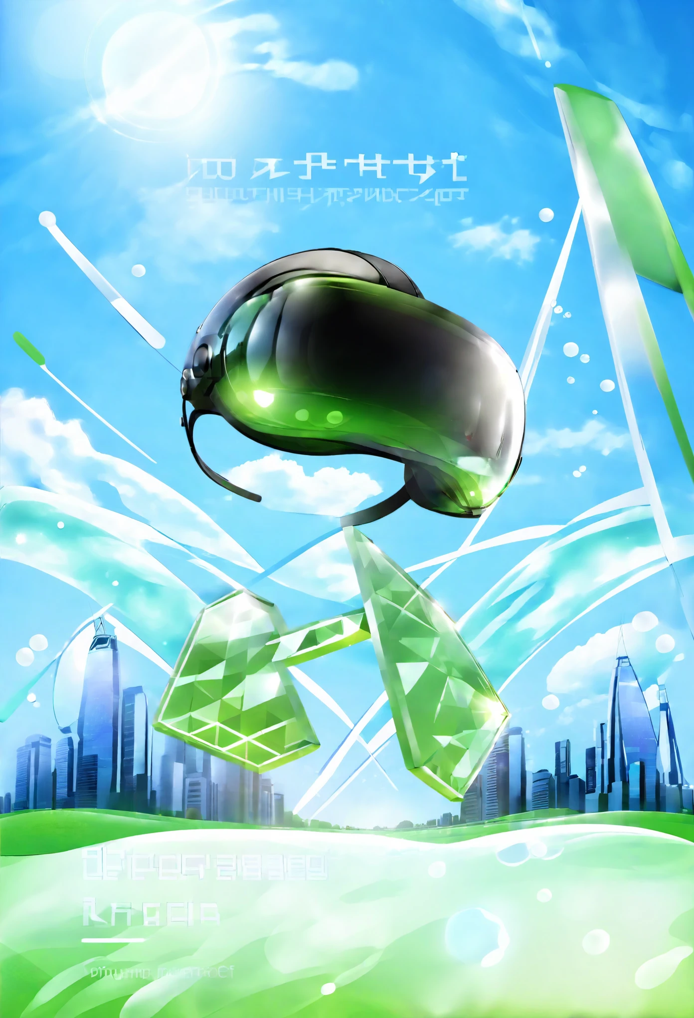 (best quality,4k,highres,masterpiece:1.2),ultra-detailed,(realistic,photorealistic,photo-realistic:1.37), Ad for virtual reality, Frutiger Aero aesthetic art with complex geometric 2D shapes, sunny blue sky, green field, futuristic background buildings, glossy material, virtual reality helmet, morphing water, Futuristic text font, English text, shades of white and blue, light background, highly detailed, 4K.