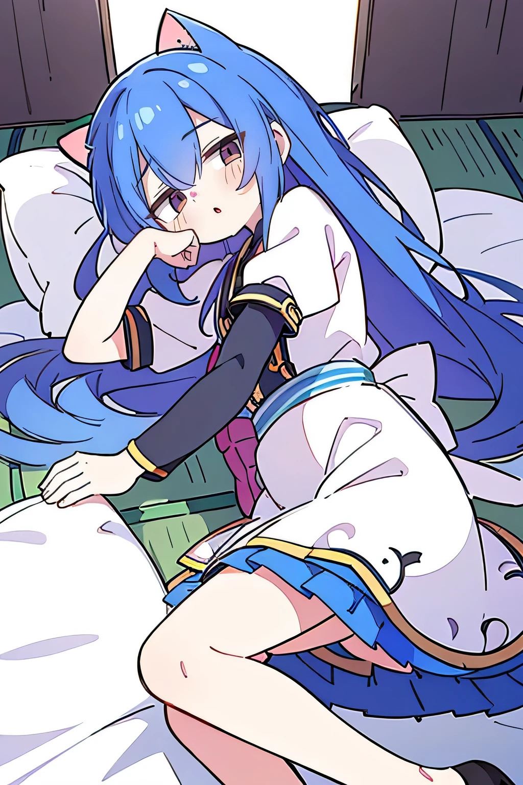 (Masterpiece), best quality, expressive eyes, perfect face, 1girl,
 Put one hand on the head, fair skin, gorgeous, Japanese comics, girl, Lola, young angel, blue hair, blue hair, flowing clothes,, lay down, lying on the ground, legs on the ground, flat chest, cat ears,tired face ,