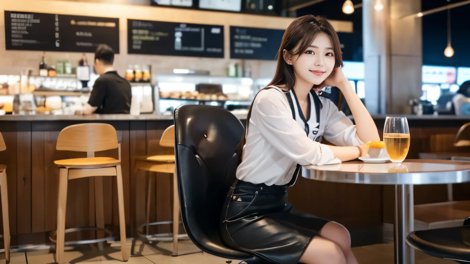 one girl, (beautiful girl, delicate girl:1.3), (23 years old:1.3),Waiting for the flight at the airport cafe terrace, Before leaving for overseas travel