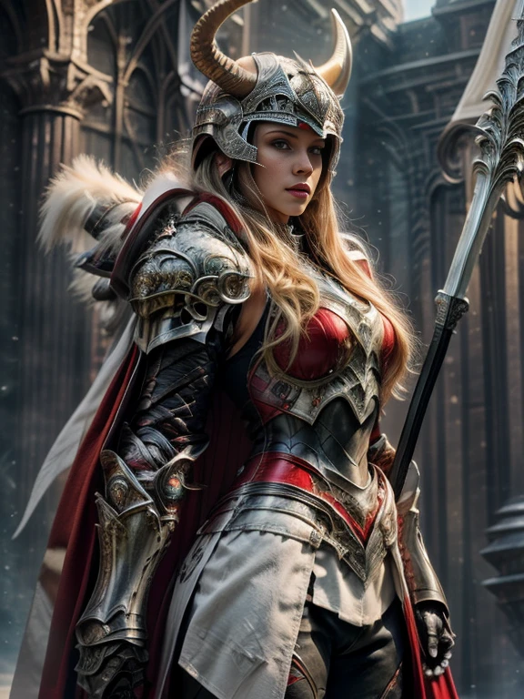 Photorealistic image ((Masterpiece)), ((high quality)) UHD 8K, of a real Viking goddess, Gnna, strong, slim body, skinny waist, model tall, full body, (long blonde hair), (blue eyes), (((Hyper-realistic fantasy full armor, with ivory red metal and intricate details))), (((helmet with large horns))), ((long fur cape)), ((two-pronged fantasy spear)), (in guardian position, fantastic palace of gold ), Photo realistic, Natural lighting, professional DSLR camera., mecha, robot,