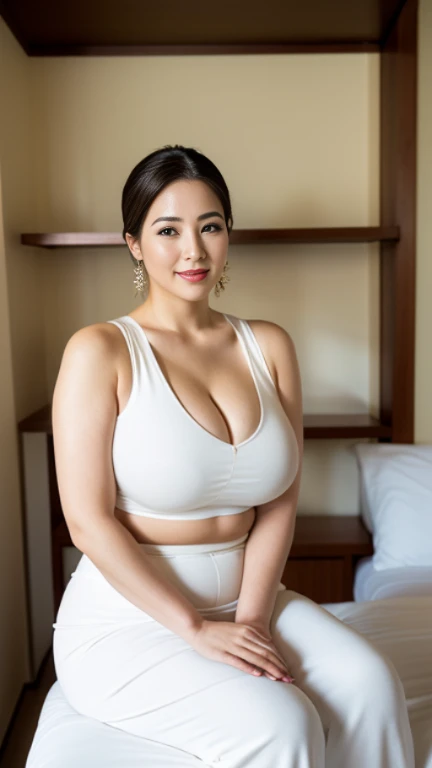 ((photograph))、((real photo)), (masterpiece, highest quality),hot ((mature woman)),sitting on the bed in the bedroom,wide hips, big breasts,saggy breasts, (slicked back hair), long skirt, smile, face-to-face audience, earrings, white blouse、 cupboard, stove, window, Japanese、((plump 1.4))、(((plump mature woman1.4)))、((big breasts1.8))、bbw,　eyes half closed、　Put your hands together and place them between your thighs、random hairstyle、
