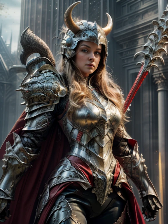 Photorealistic image ((Masterpiece)), ((high quality)) UHD 8K, of a real Viking goddess, Gnna, strong, slim body, skinny waist, model tall, full body, (long blonde hair), (blue eyes), (((Hyper-realistic fantasy full armor, with ivory red metal and intricate details))), (((helmet with large horns))), ((long fur cape)), ((two-pronged fantasy spear)), (in guardian position, fantastic palace of gold ), Photo realistic, Natural lighting, professional DSLR camera., mecha, robot,