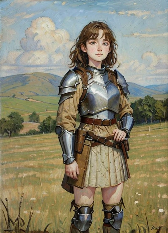 (beautiful teenage girl), short wavy brown hair, Rough, pale skin, freckles. goddess, Padded Armor, Cloth armor, Baggy shirt, Baggy jacket, Gambeson, Quilted Armor,armor with short skirt, blush, highest quality, oil painting style, hand painting style, classical painting style,(on the field), masterpiece, medieval infantry, hand drawn illustration, full body shot, 