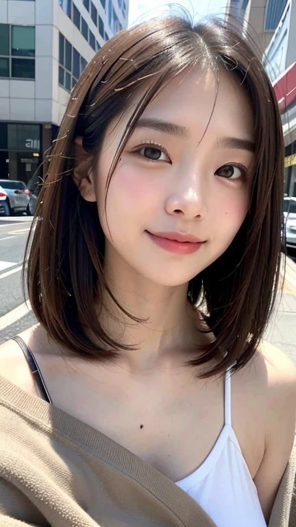 (((Shoulder length brown straight short bob)))、(((She has downtown Hawaii as her backdrop.、Posing like a model at a hair salon.)))、(((Casual black winter street fashion)))、close up of face、Half Japanese and Korean、18 year old girl、independent、facing forward、Light eye makeup、brown hair color、Flat 、hair blowing in the wind、quality of actress、shiny, super realistic face、smileの表情、Moist eyes、look up、calming lighting effect、 ultra-realistic capture、very detailed、High resolution 16K close-up of human skin。Skin texture must be natural、Must be detailed enough to see pores、skin is healthy、Must be even tone、Use natural light and color、High quality photos taken by a modeling agency'Exclusive photographer、smile
