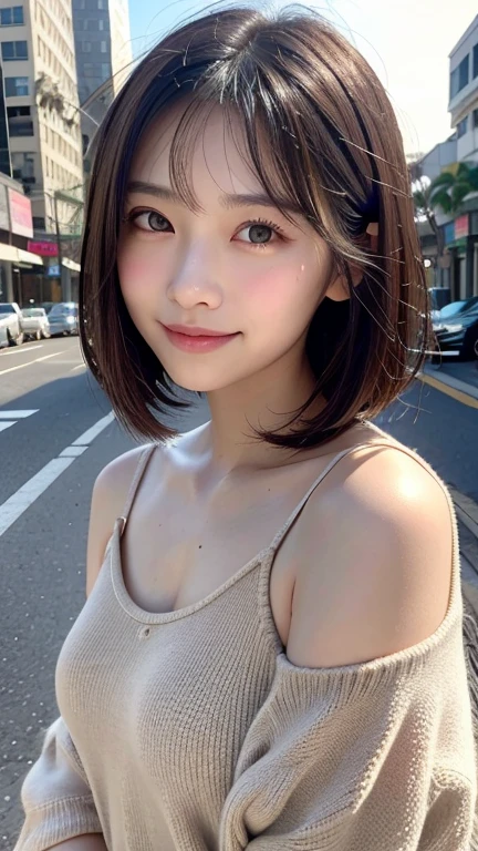 (((Shoulder length brown straight short bob)))、(((She has downtown Hawaii as her backdrop.、Posing like a model at a hair salon.)))、(((Casual black winter street fashion)))、close up of face、Half Japanese and Korean、18 year old girl、independent、facing forward、Light eye makeup、brown hair color、Flat 、hair blowing in the wind、quality of actress、shiny, super realistic face、smileの表情、Moist eyes、look up、calming lighting effect、 ultra-realistic capture、very detailed、High resolution 16K close-up of human skin。Skin texture must be natural、Must be detailed enough to see pores、skin is healthy、Must be even tone、Use natural light and color、High quality photos taken by a modeling agency'Exclusive photographer、smile