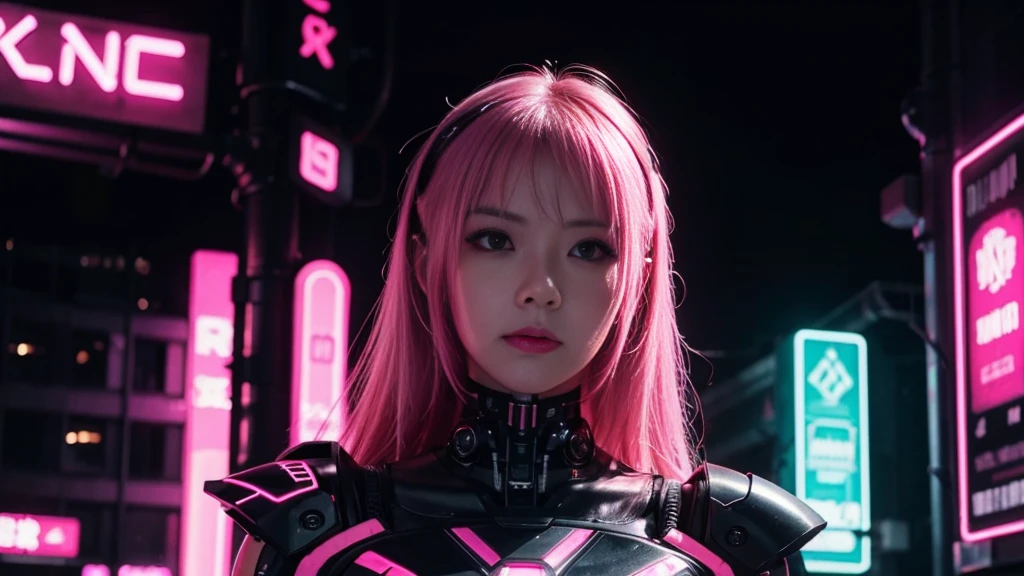 1 girl, pink neon ,robot, female cyborg , cyber punk, club,dim lighting, neon signs,fc portrait, neon,cyber punk, futuristic ,