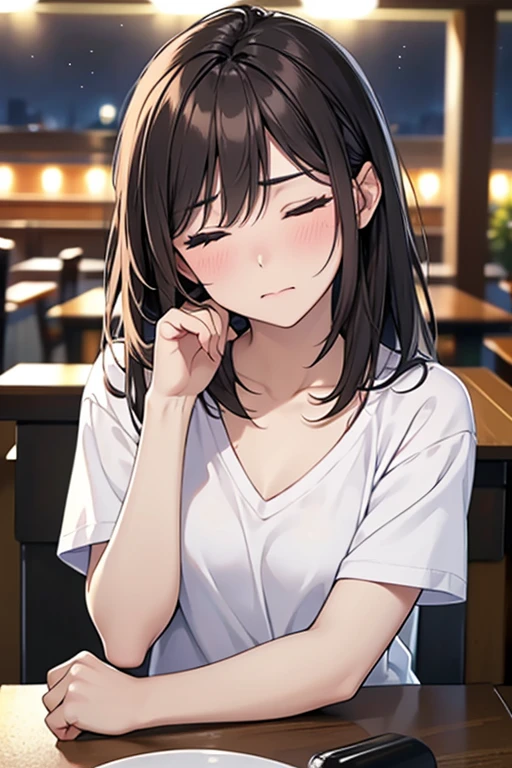 nose blush:1.1,eyes half-closed,Masterpiece, High resolution, High-definition CG Unity 8K,Beautiful and detailed face, detailed hair texture, beautiful face,(1 girl),(black eyes),small breasts, (very short messy brown hair), at night:1.2,break,(head tilt:1.4),(anguish:1.2),shutting eyes,(at the pub table), (having alcohol),(POV),(white V-neck T-shirt),shorts,