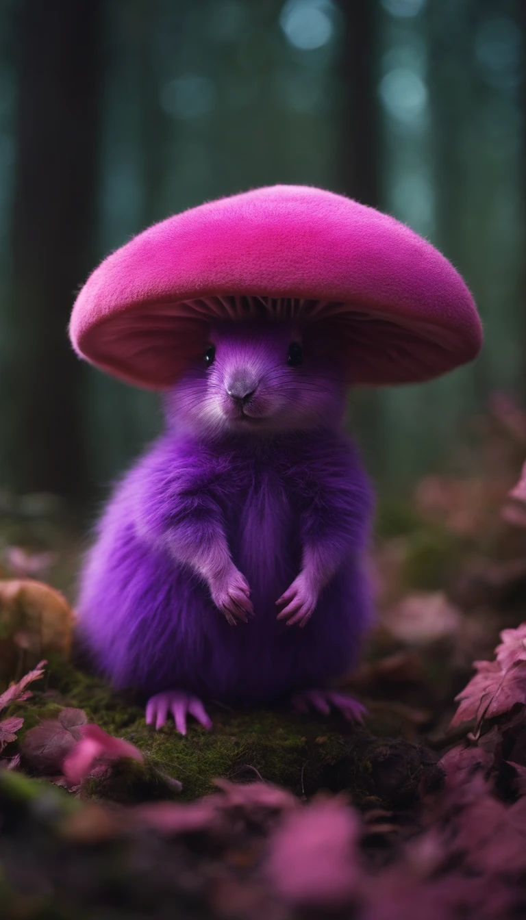 adorable purple and pink creature，Semelhante a uma mistura de coelho e cenoura, cute, fofo, peludo, Felpudo, Floresta, Cogumelos, Wear a mushroom hat