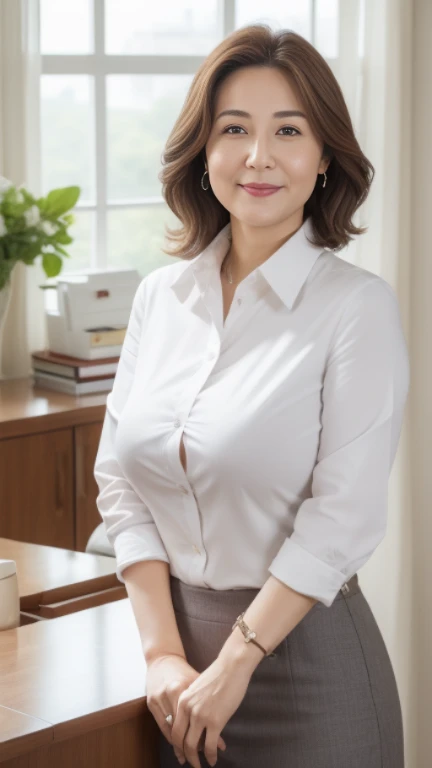 ((highest quality, 8K, masterpiece, portrait: 1.3)), (looking at the viewer), (full shot:0.85), attractive business mature woman, 1 person, a little chubby:0.６,brown medium hair、 white collared shirt, gray tight skirt,((big breasts 2.3)) (big pelvis:0.9), ((Are standing)), smile:0.2, conference room、,good posture、office、bright interior、The sun is shining、


