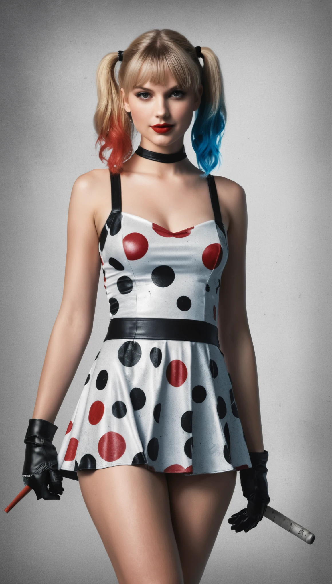 An illustrated movie poster of Taylorr Swift dressed as Harley Quinn, wearing a mini dress, f /2.8, cinematic, high quality, skin texture, looking at the camera  hard shadows, graphite shading, stencil marks, airbrushed acrylic paint, masterpiece 