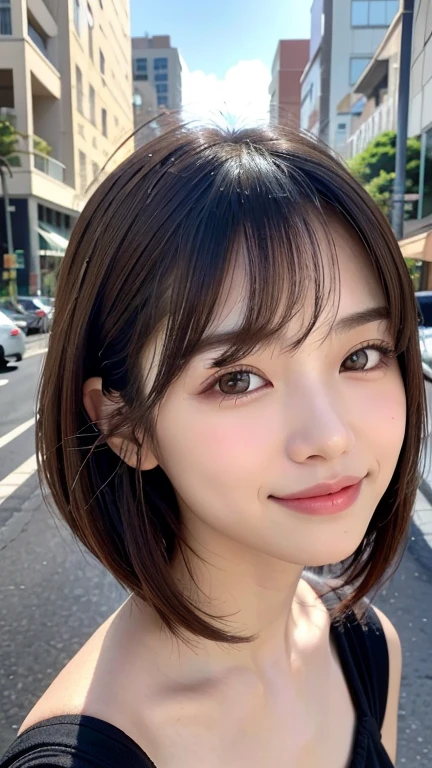 (((Shoulder length brown straight short bob)))、(((She has downtown Hawaii as her backdrop.、Posing like a model at a hair salon.)))、(((Casual black winter street fashion)))、close up of face、Half Japanese and Korean、18 year old girl、independent、facing forward、Light eye makeup、brown hair color、Flat 、hair blowing in the wind、quality of actress、shiny, super realistic face、smileの表情、Moist eyes、look up、calming lighting effect、 ultra-realistic capture、very detailed、High resolution 16K close-up of human skin。Skin texture must be natural、Must be detailed enough to see pores、skin is healthy、Must be even tone、Use natural light and color、High quality photos taken by a modeling agency'Exclusive photographer、smile