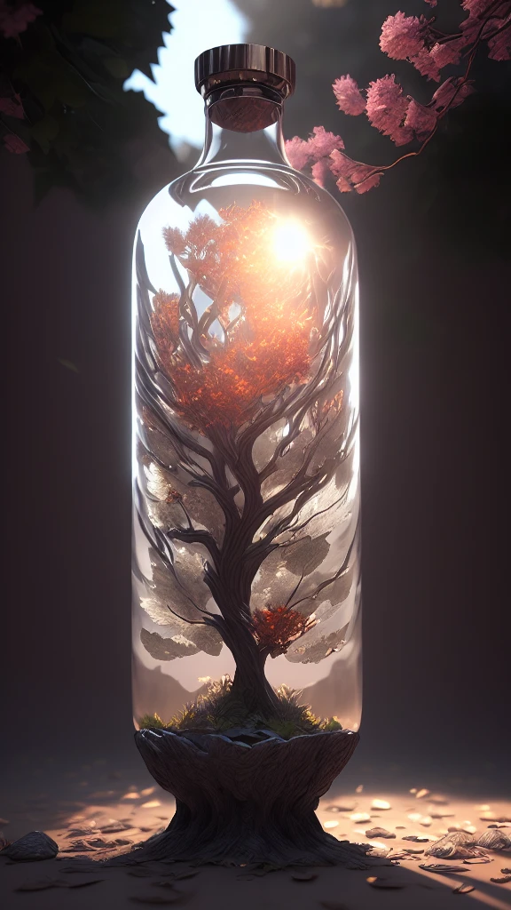 dream-likeart tree in a bottle, fluffy, realistic, photograph, canon, dream-like, art, Colorful leaves and branches with flowers on the head. hyperdetailed photographrealism by greg rutkowski - h 1024 w 804 | f16 lens mark 2:2 seconds 3555mm film grain :1 Realistic high resolution sharp focus contrast!! intricate detailed atmospheric light refraction lighting unreal engine 5 cinematic concept photographgraphy masterpiece octane render trending at cgsociety rendered as