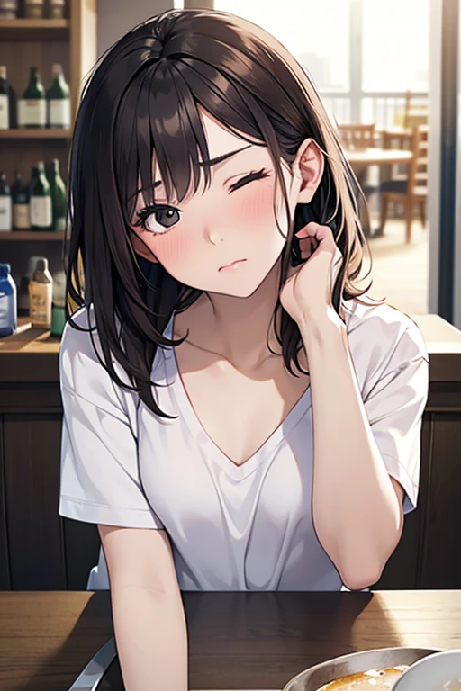 nose blush:1.1,eyes half-closed,Masterpiece, High resolution, High-definition CG Unity 8K,Beautiful and detailed face, detailed hair texture, beautiful face,(1 girl),(black eyes),small breasts, (very short messy brown hair), at night:1.2,break,(head tilt:1.4),(anguish:1.2),(at the pub table), (having alcohol),(POV),(white V-neck T-shirt),shorts,