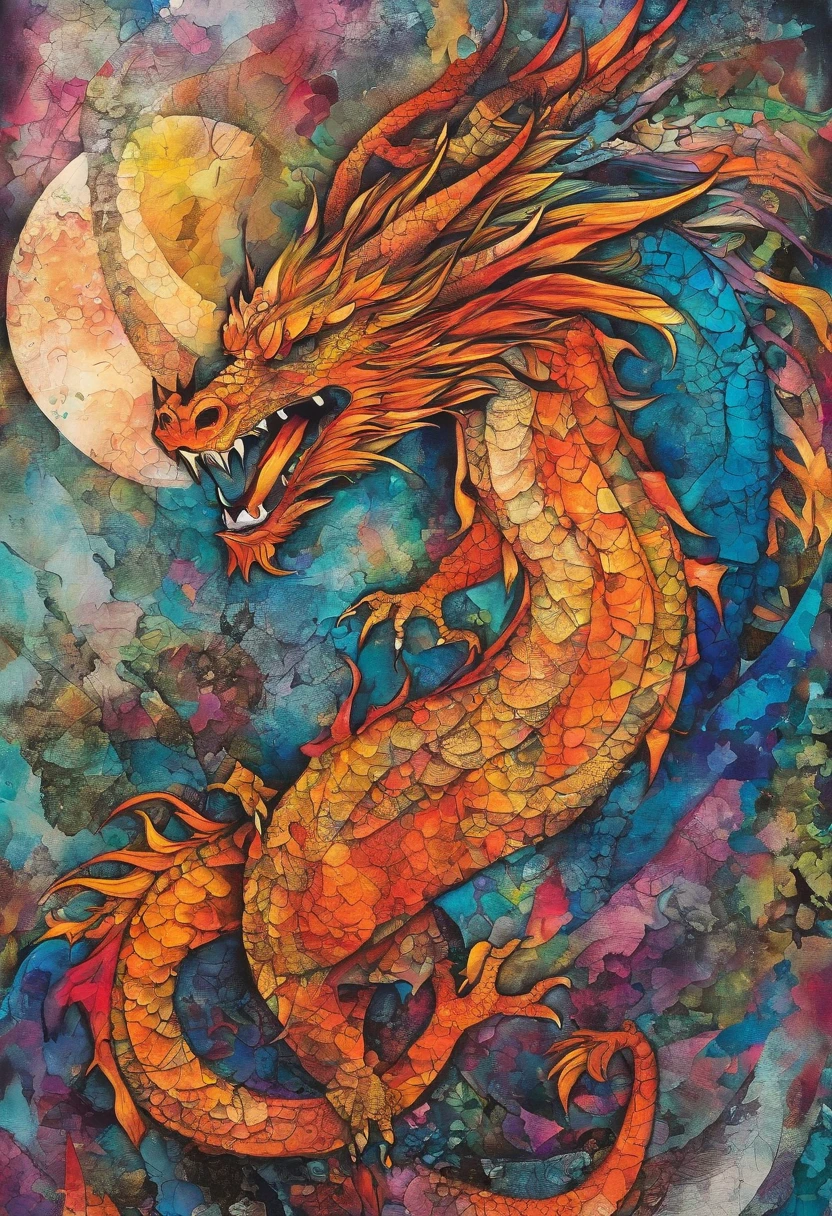 dragon fire crackling dancing movement ::2 colorful ink painting ::2 art fantasy