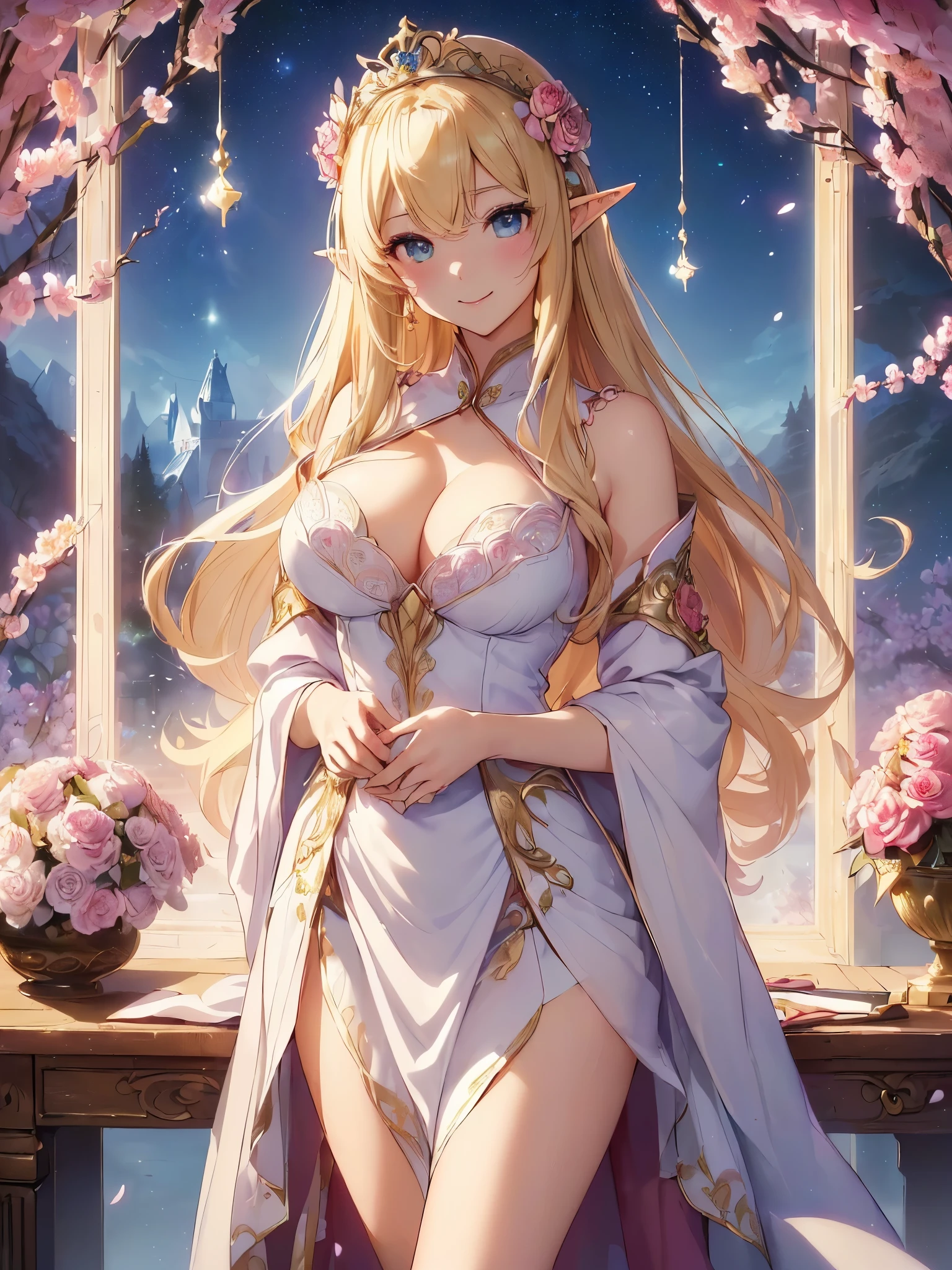 最high quality、best image quality、masterpiece、beautiful face、、titania、Super beautiful elf beauty((22 year old office lady big bust、bust 90,beautiful long ironed hair、blonde、height: 165cm。thin、sexy、cowboy shot,、Esbian、beautiful tiara、starrynight,high quality、美しいart、、、pieces fly、ビジュアルart、written boundary depth、、elf ears、、lightのmagic、universe、happy smile、穏やかなlight、beautiful forest、cherry blossoms、、elegant、ticker beautiful decorative、、、mystery的な rosa、Rose、、magicのflower、flowerを作るmagic、light、 null、beautiful dressy、beautiful dress、art、Lord of the Ring、spectacular scenery、sexy、friendly smile、wonderful、cherry blossoms、舞い散るflowerびら、cherry blossomsのflower、flower畑、nature、universeのmagic、magicのlight、fantasy、flower、super REALITYa lotのRose、magic、Grow fantasy、、mysteryのlight、art nouveau、Alphonse a lot、、art、art,mystery,UHD,magicalgentle light,sexy、