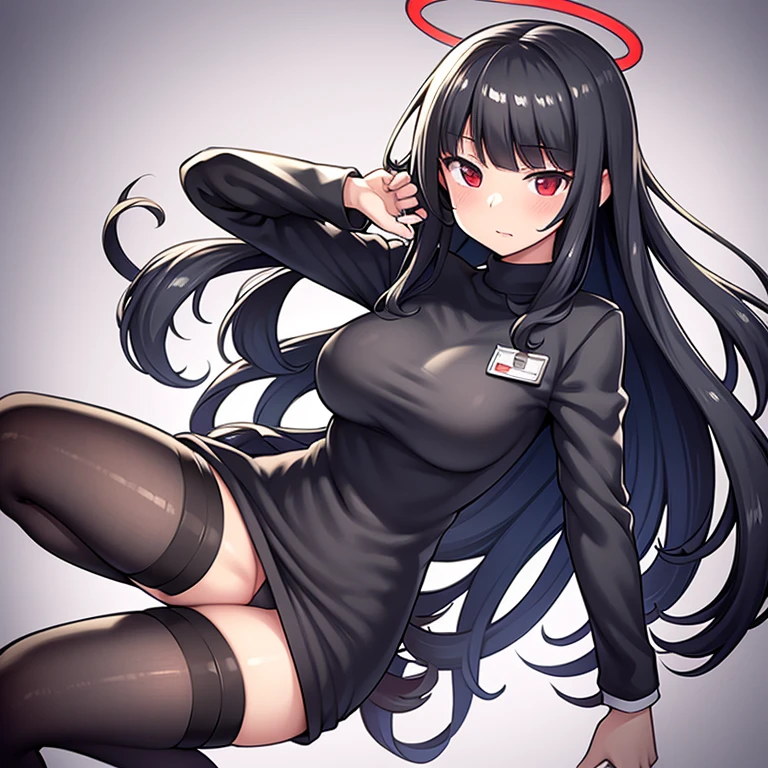 1girl, solo, halo, black hair, very long hair, blunt bangs, hair clips, red eyes, large breasts, turtleneck, white sweater, formal, black jacket, black suit, long sleeves, Id card, black skirt, black pantyhose, thigh strap, thigh holster, black footwear, high heels, plain black background