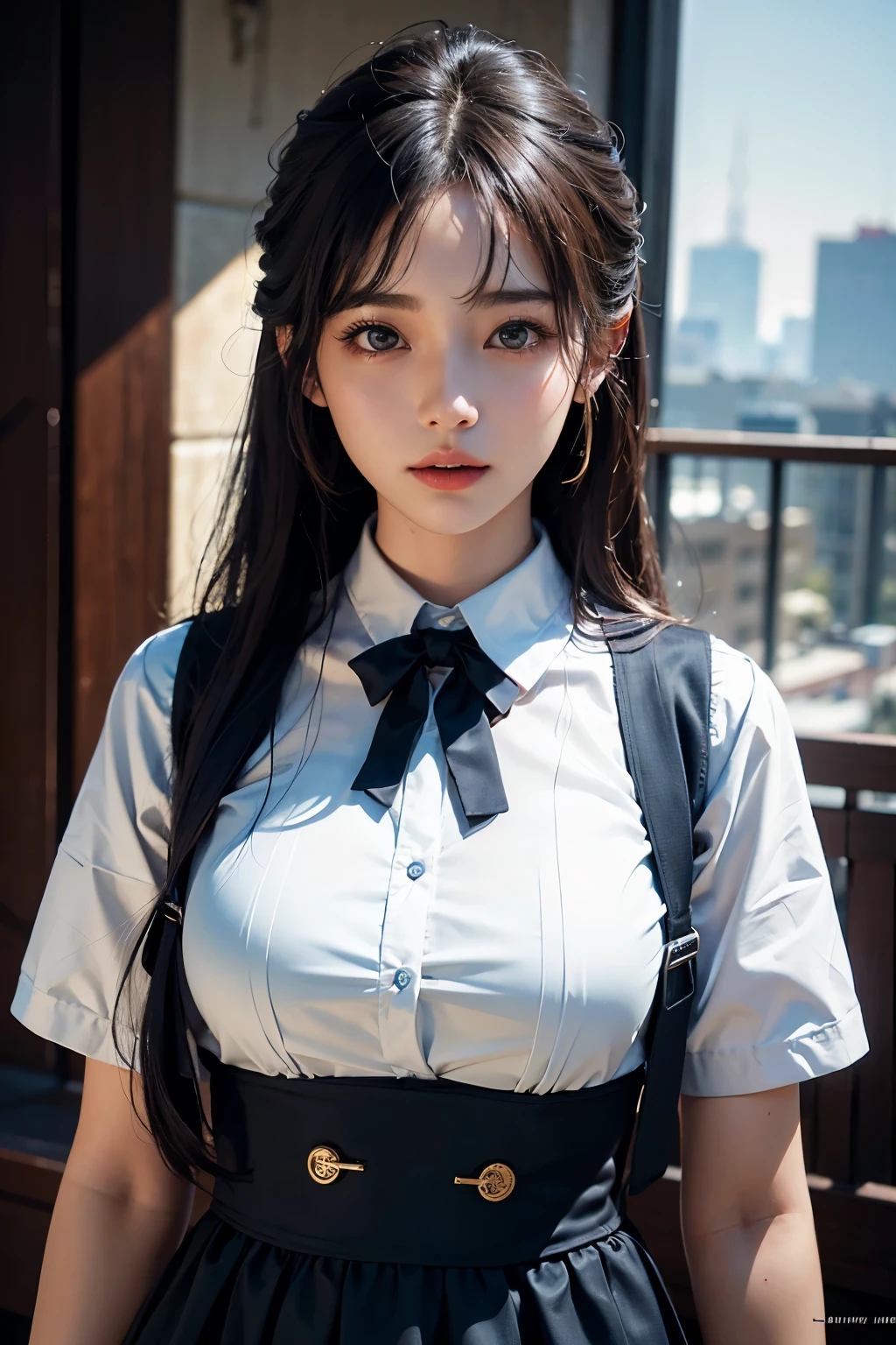 masterpiece、highest quality、realistic、unity、8k wallpaper、Highly detailed CG unity 8K wallpaper、Ulzzang-6500、(original: 1.2)、(realistic: 1.4)、Super detailed、High resolution、Super detailed,growing up, 1 girl, looking at the viewer, Famous Korean actresses, big breasts, uniform、so beautiful,cute, cinematic, 35mm lens, f/ 1. 8, accent lighting, 8K,
