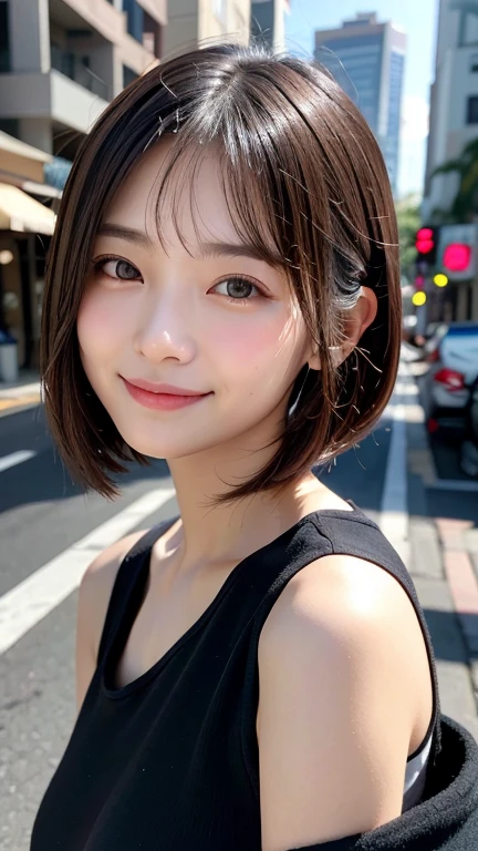 (((Shoulder length brown straight short bob)))、(((She has downtown Hawaii as her backdrop.、Posing like a model at a hair salon.)))、(((Casual black winter street fashion)))、close up of face、Half Japanese and Korean、18 year old girl、independent、facing forward、Light eye makeup、brown hair color、Flat 、hair blowing in the wind、quality of actress、shiny, super realistic face、smileの表情、Moist eyes、look up、calming lighting effect、 ultra-realistic capture、very detailed、High resolution 16K close-up of human skin。Skin texture must be natural、Must be detailed enough to see pores、skin is healthy、Must be even tone、Use natural light and color、High quality photos taken by a modeling agency'Exclusive photographer、smile